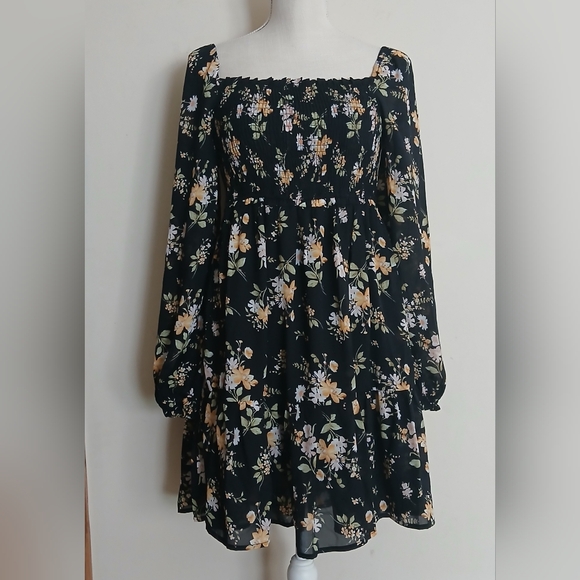 Crescent Black Floral Long Sleeve Smocked Babydoll Dress - Picture 1 of 8